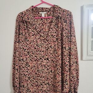 H&M Pink and Black Floral Blouse